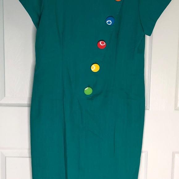 **SOLD*** Vtg 80s~Peri Petites~Green Multi Color Large Buttons Shift Dress~14/L - Picture 3 of 11